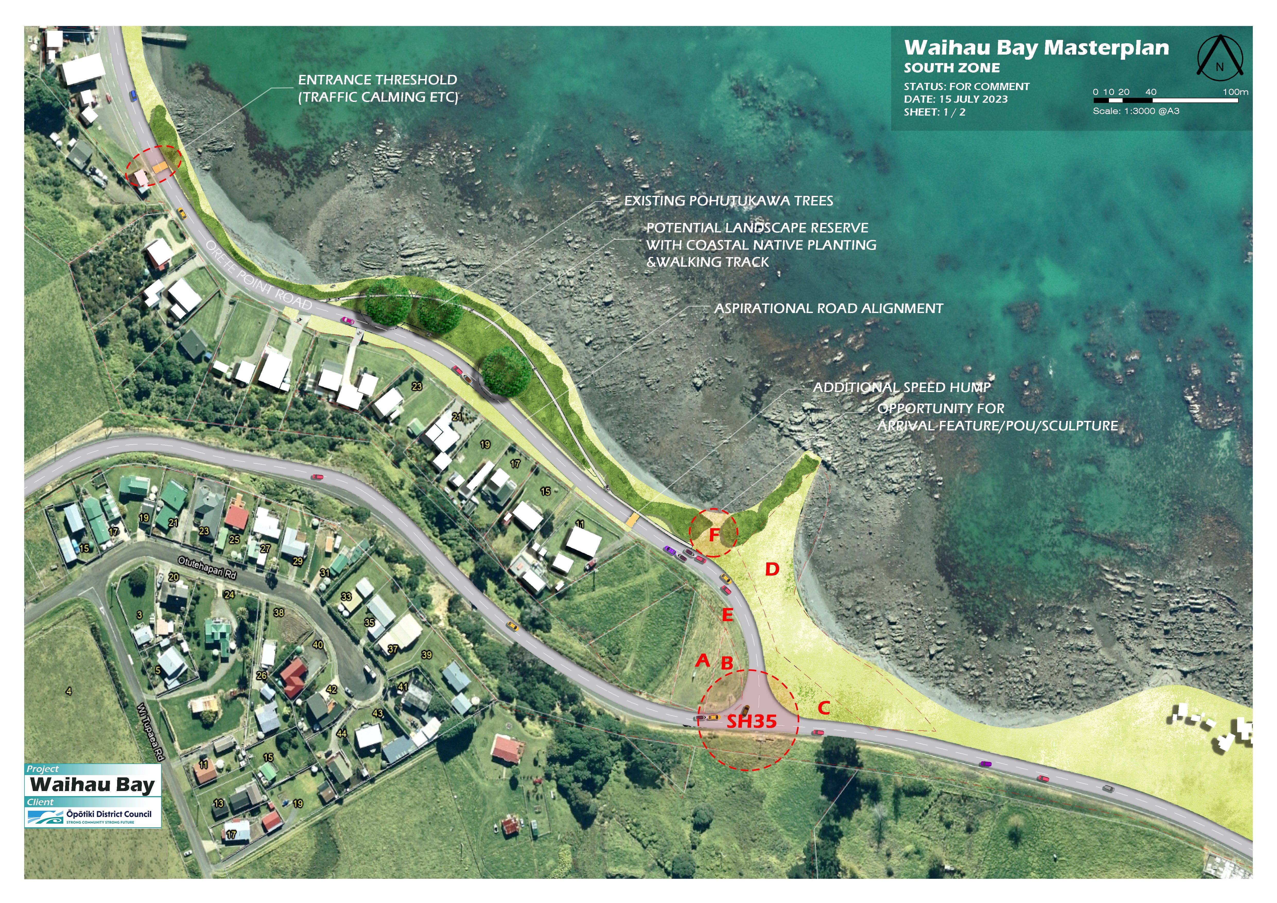 Aerial view of Waihau Bay boat ramp area with text and illustrations overlay showing suggested locations of key community facilities.   