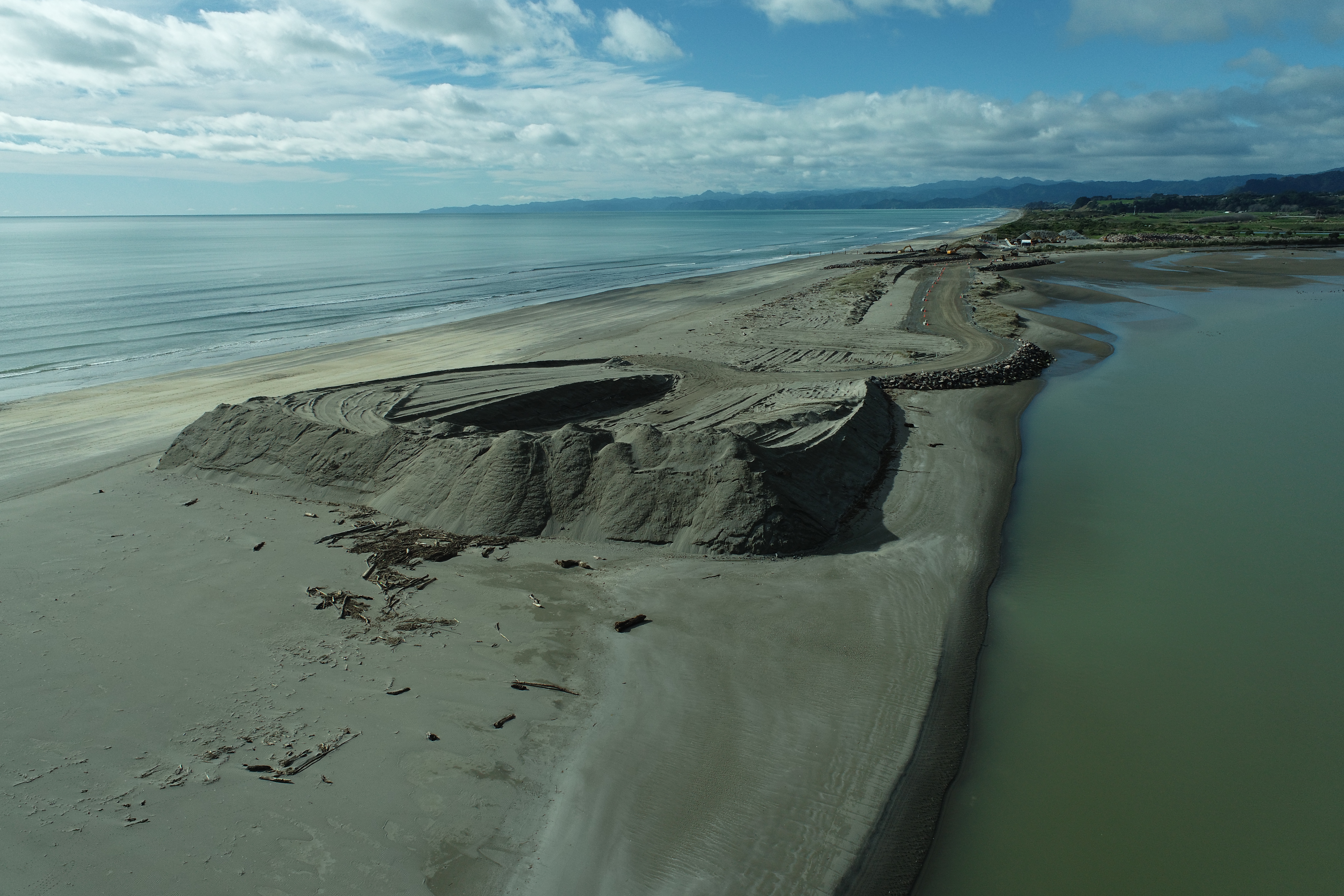 Aerial photo of the sand pile at the Ōpōtiki Harbour Development site