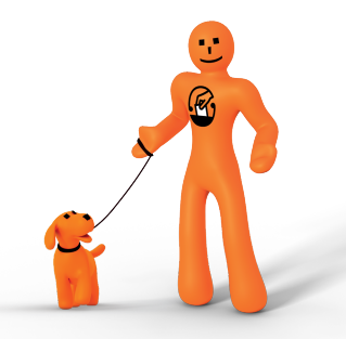 Graphic of an orange cartoon man and his dog