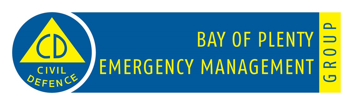 A graphic of the Bay of Plenty Emergency Management logo in blue and yellow colours showing text of the groups name and a civil devence symbol