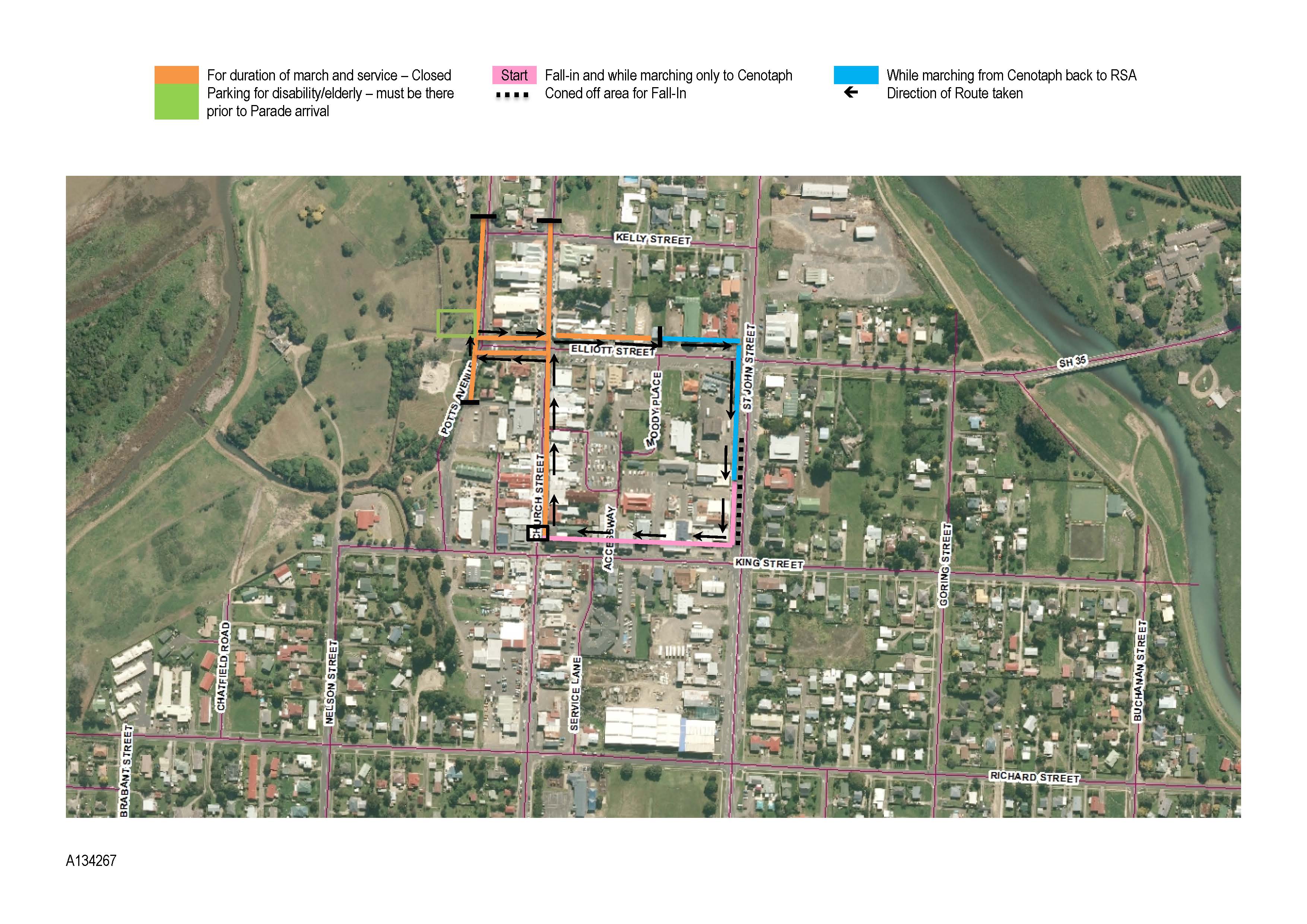 An aerial map of Opotiki town showing the march route and the street closures