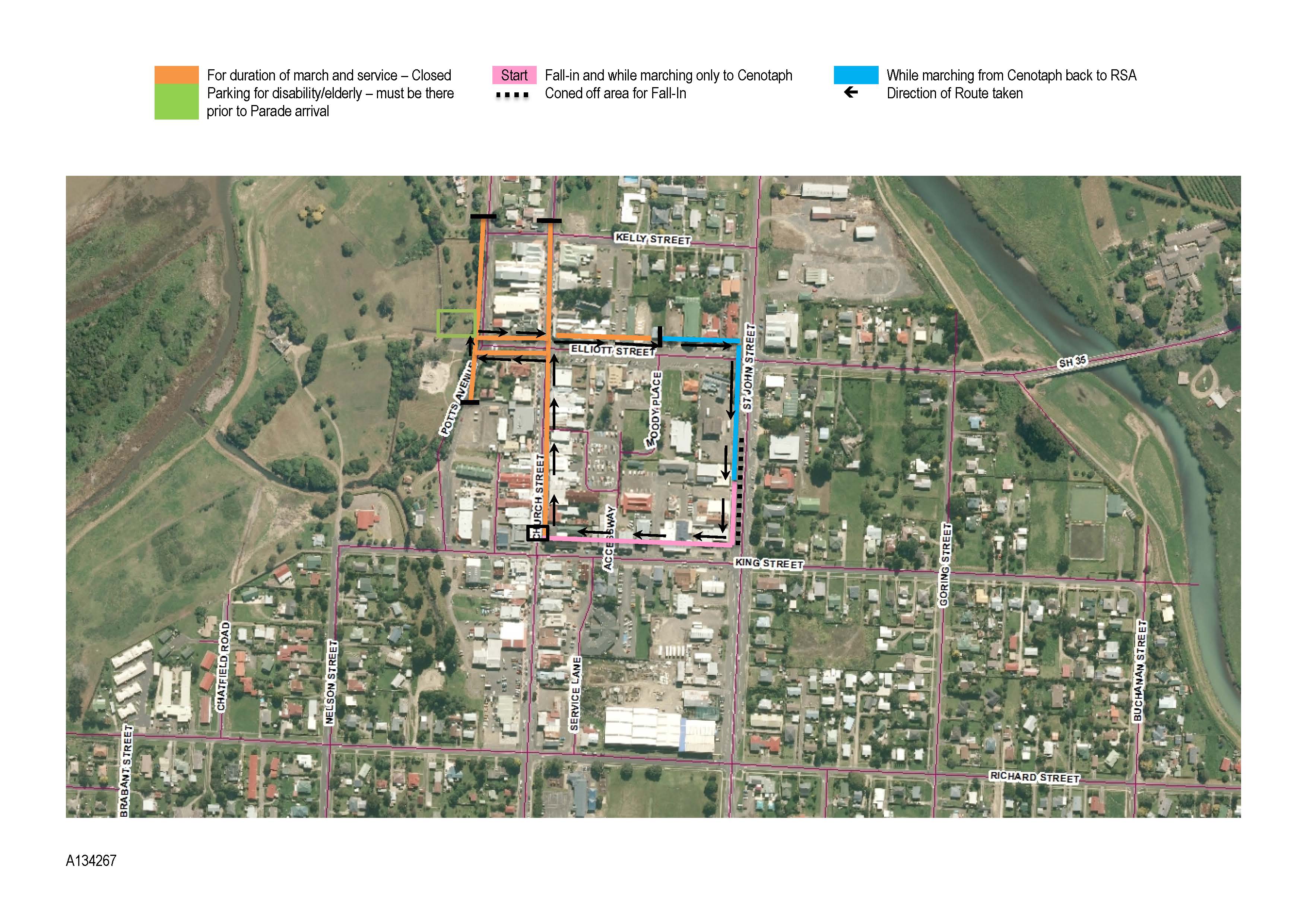 Map showing  Anzac parade route and parking locations.