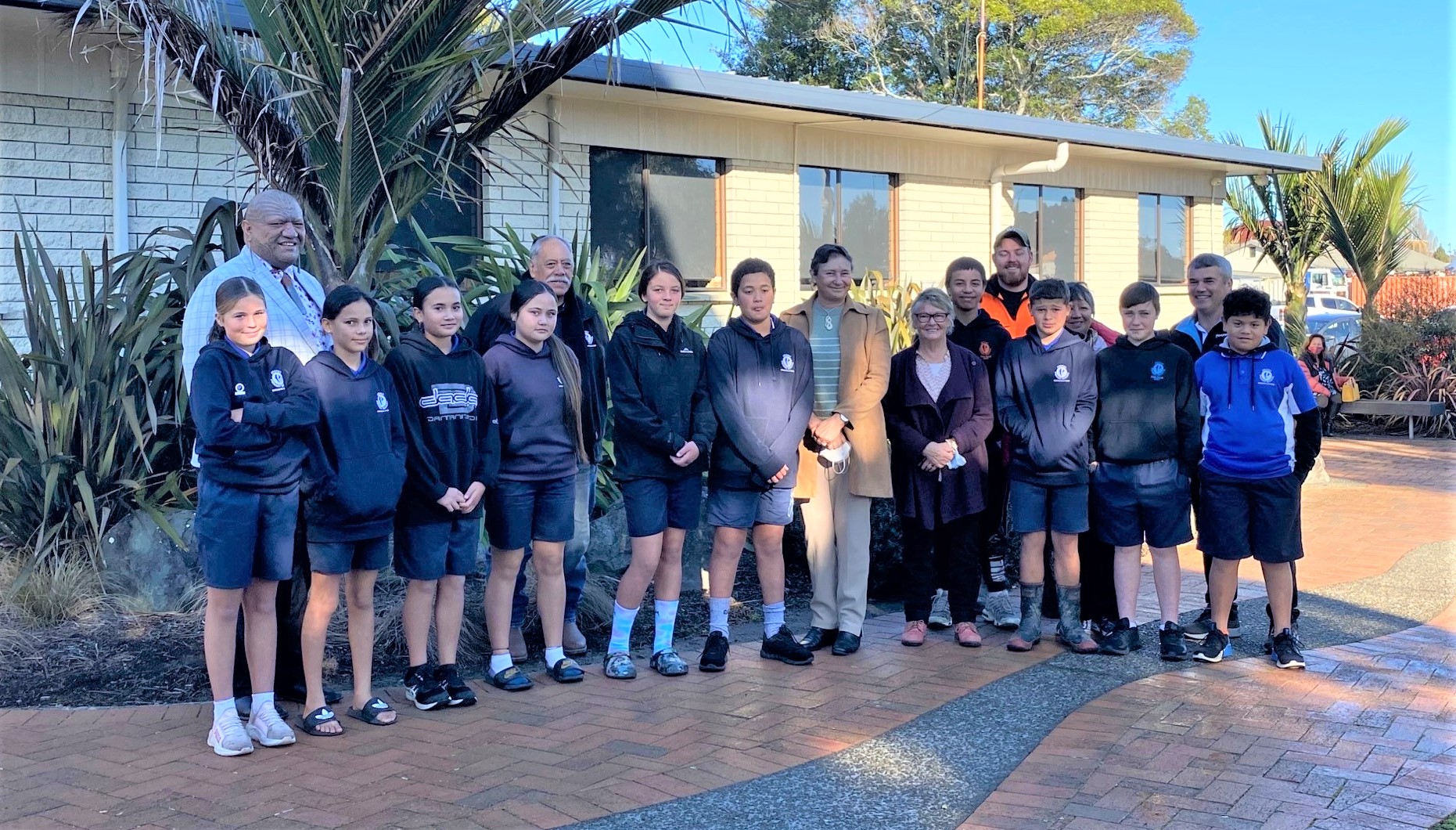 Photo of Opotiki Primary School Children outside Council office after presenting on wharf and harbour plans