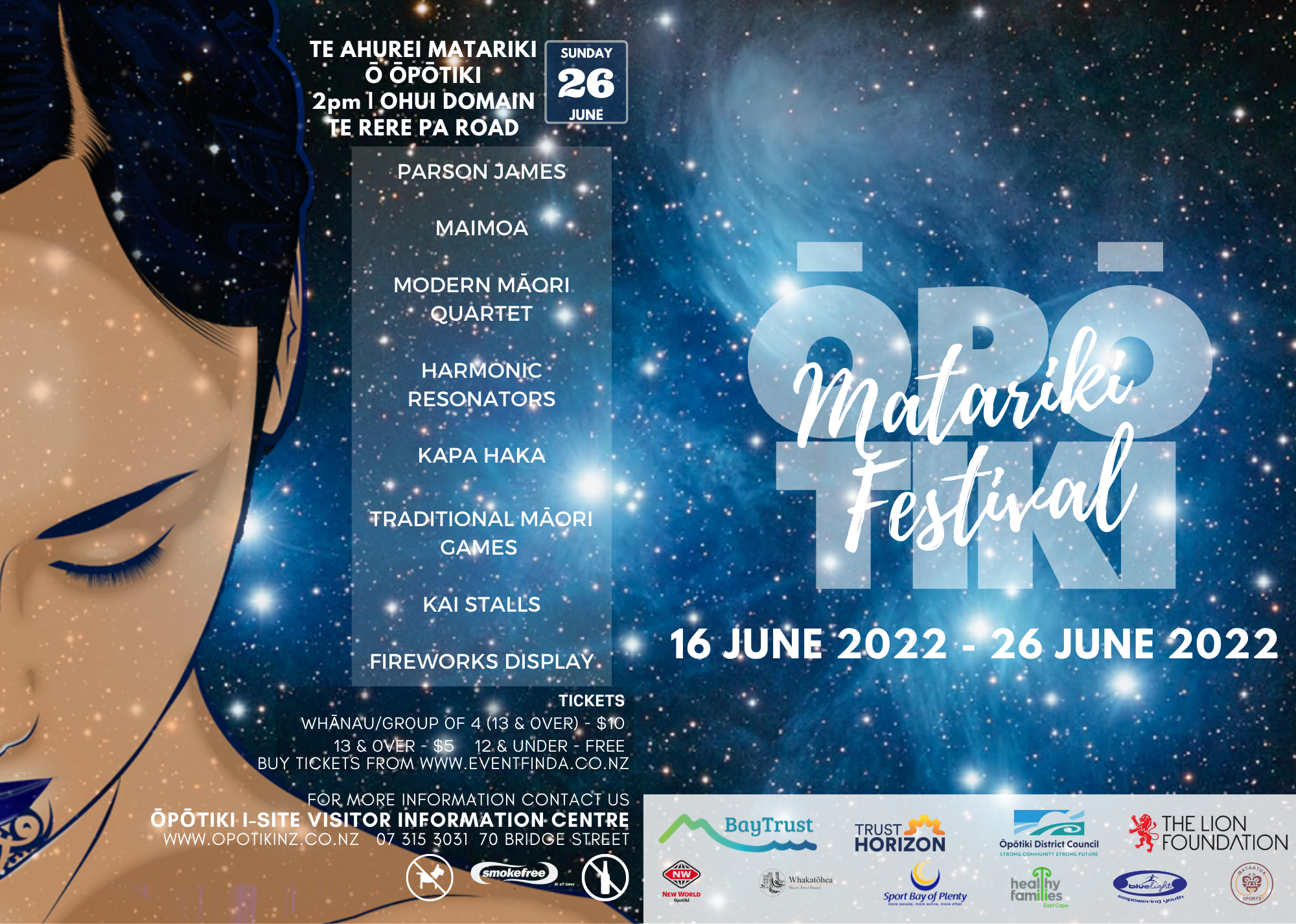 Graphic of the Opotiki Matariki Festival 2022 poster showing details of the festival dates and final concert and fireworks