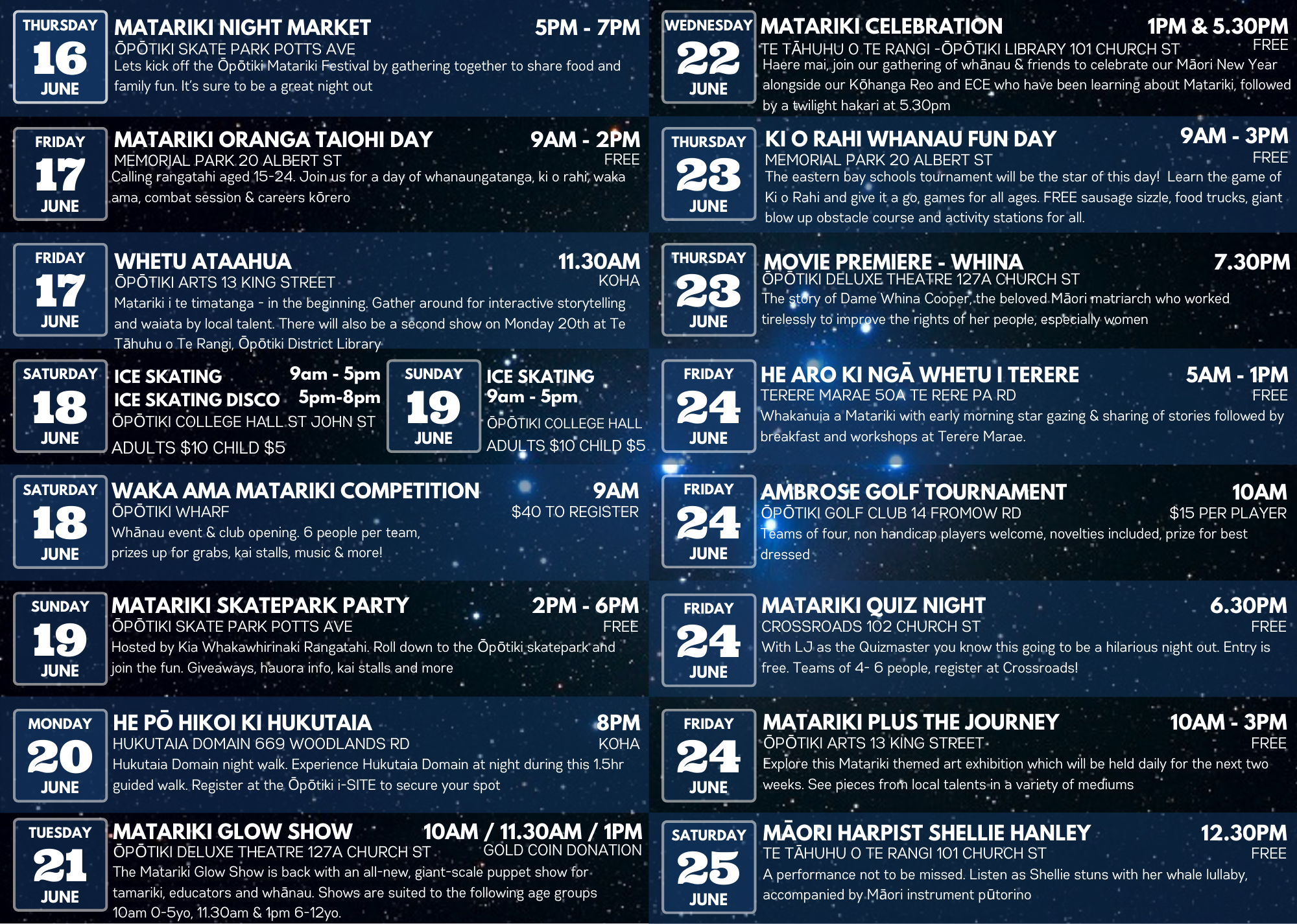 Graphic of the Opotiki Matariki Festival 2022 Calendar of all events