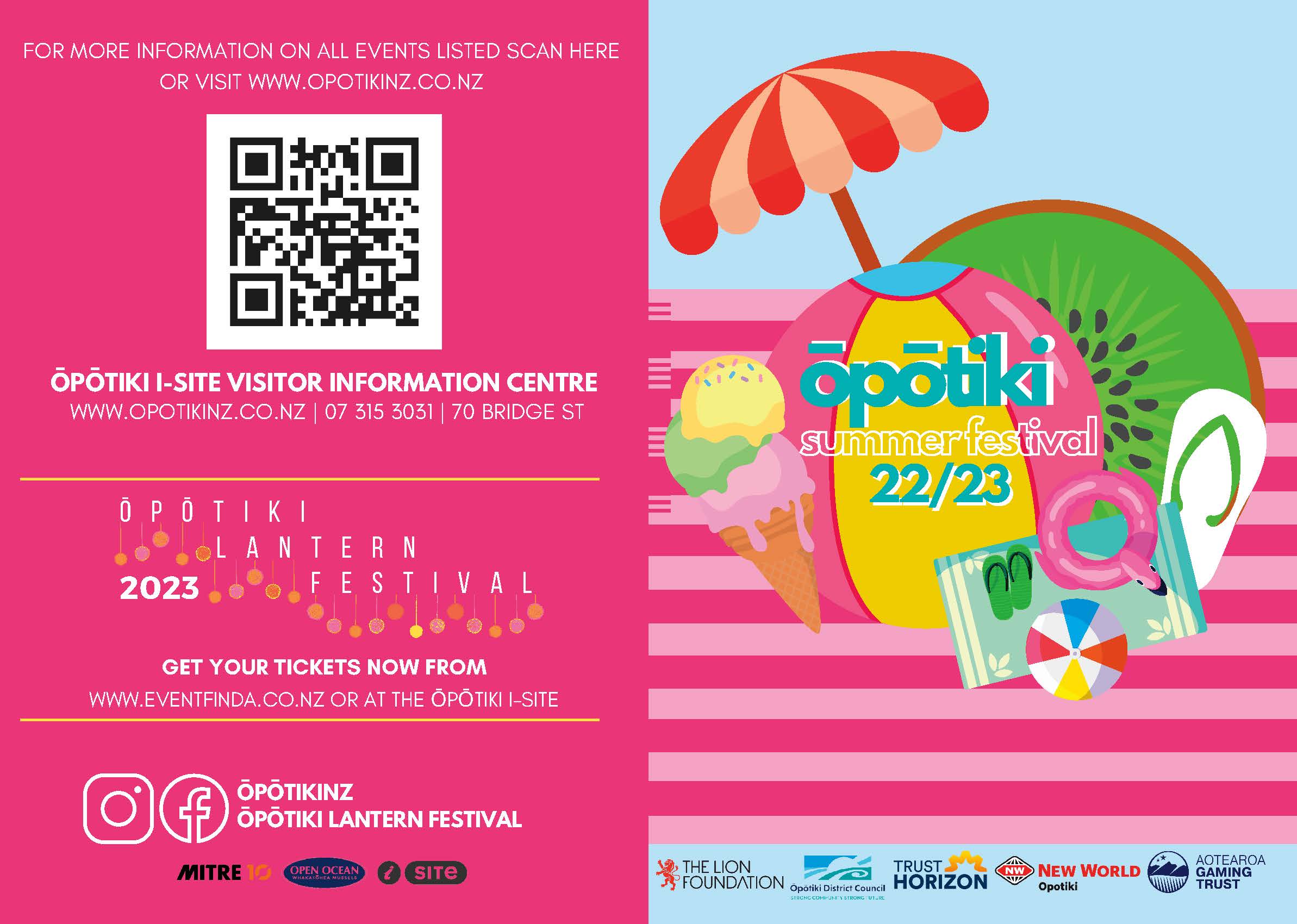 Images of an umbrella, inflatable beach toys, jandels and an ice cream on a pink background with words Opotiki Summer Festival 22/23. Includes logos for sponsors and futher information about the Lantern Festival.