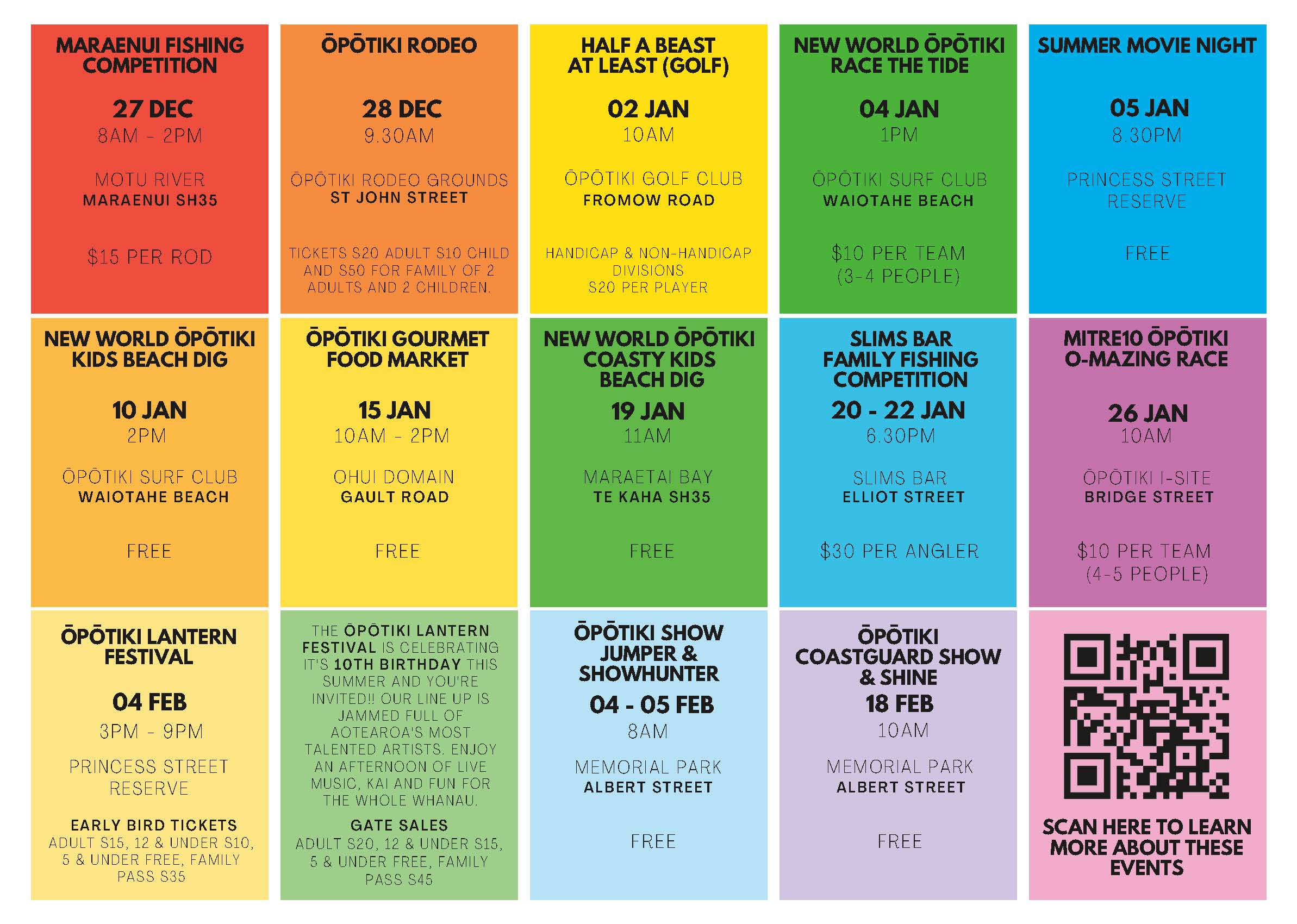 A calendar of the events being held each on a brightly coloured rectangle background.
