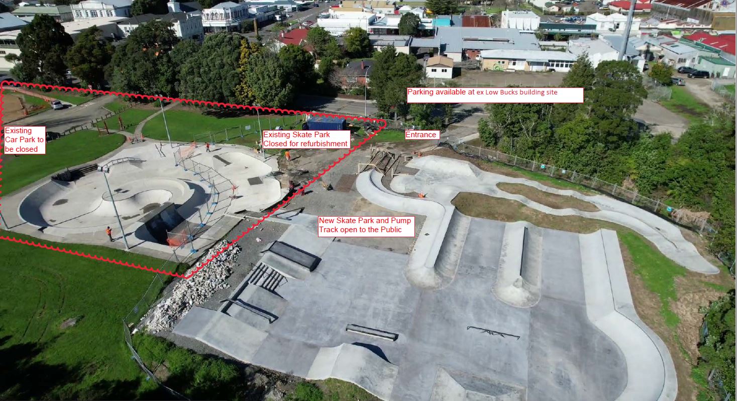 Aerial photo of the new skatepark and pump park sections at the Opotiki skatepark