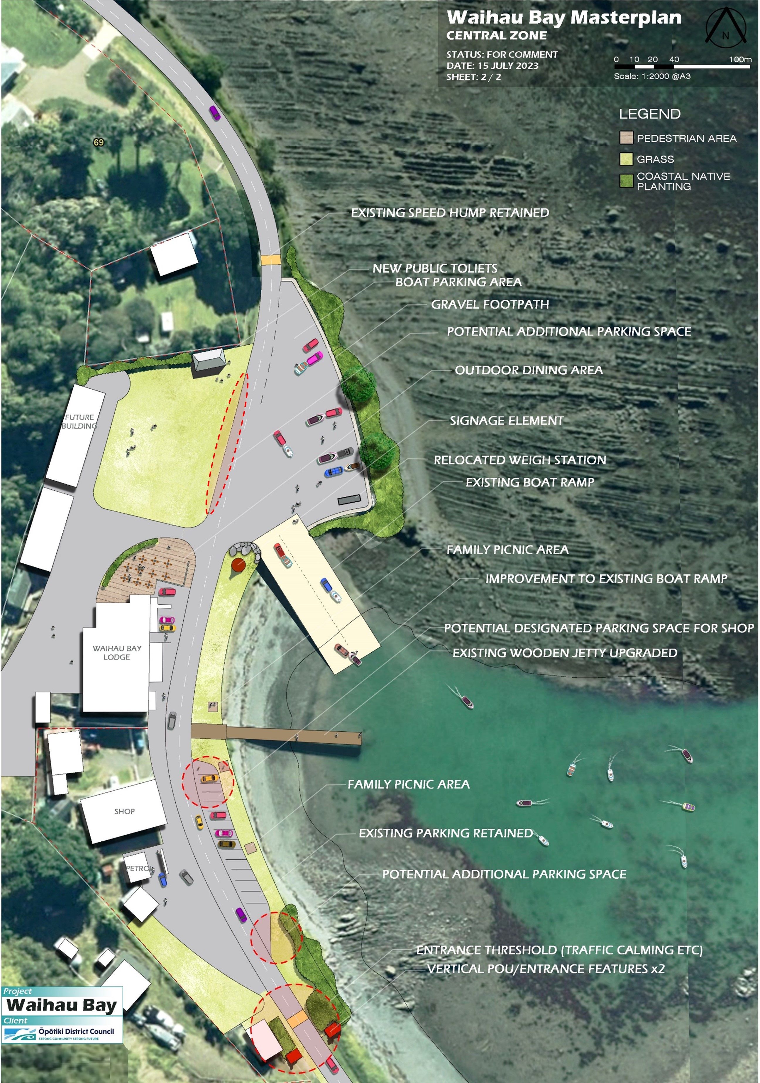 Aerial view of Waihau Bay boat ramp area with text and illustrations overlay showing suggested locations of key community facilities.   